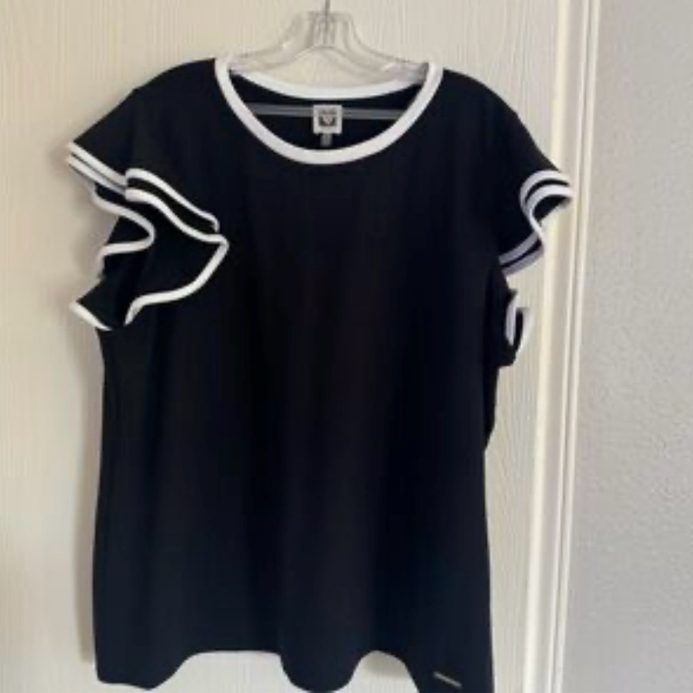 Anne Klein Black Short Sleeve Top with White Trim and Ruffle Sleeves
